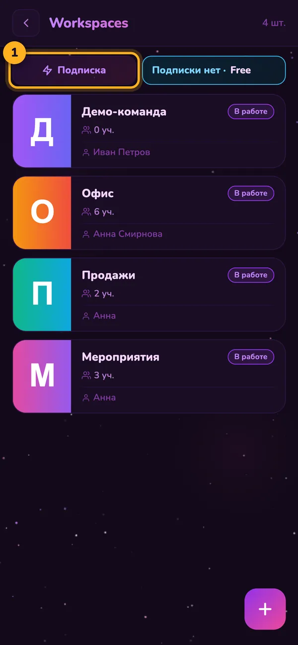 Список пространств на телефоне: 1 — подписка, «+» — новое пространство