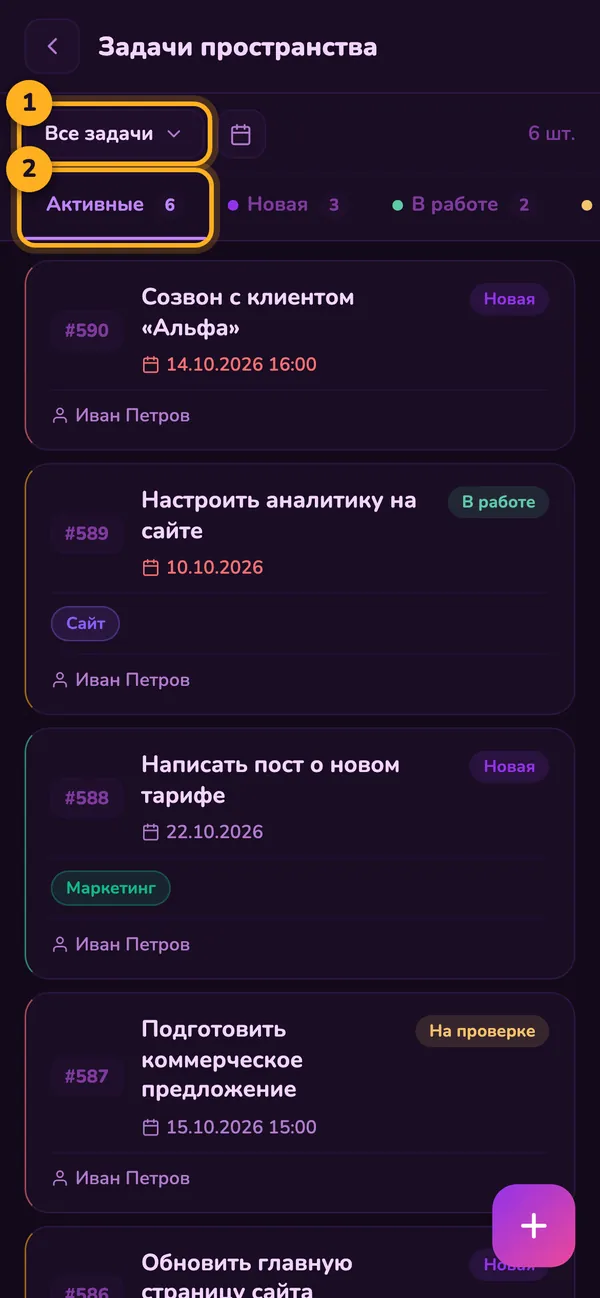 Задачи пространства: 1 — фильтр, 2 — вкладки-статусы, «+» внизу — новая задача